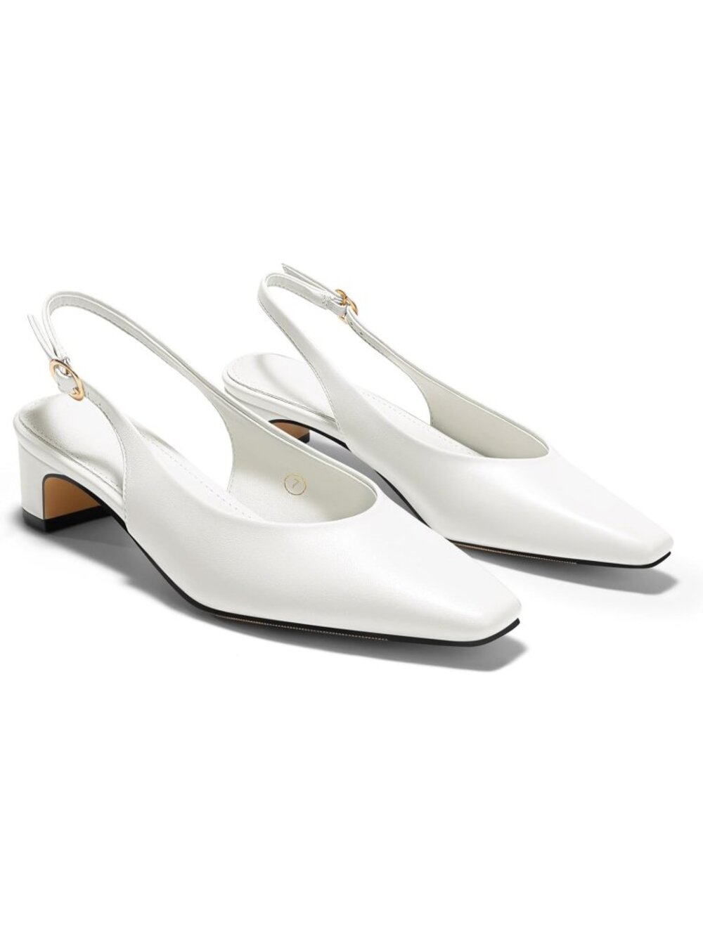 Women's White Chunky Low Heels Slingback Pumps Closed Square Toe Dress Shoes